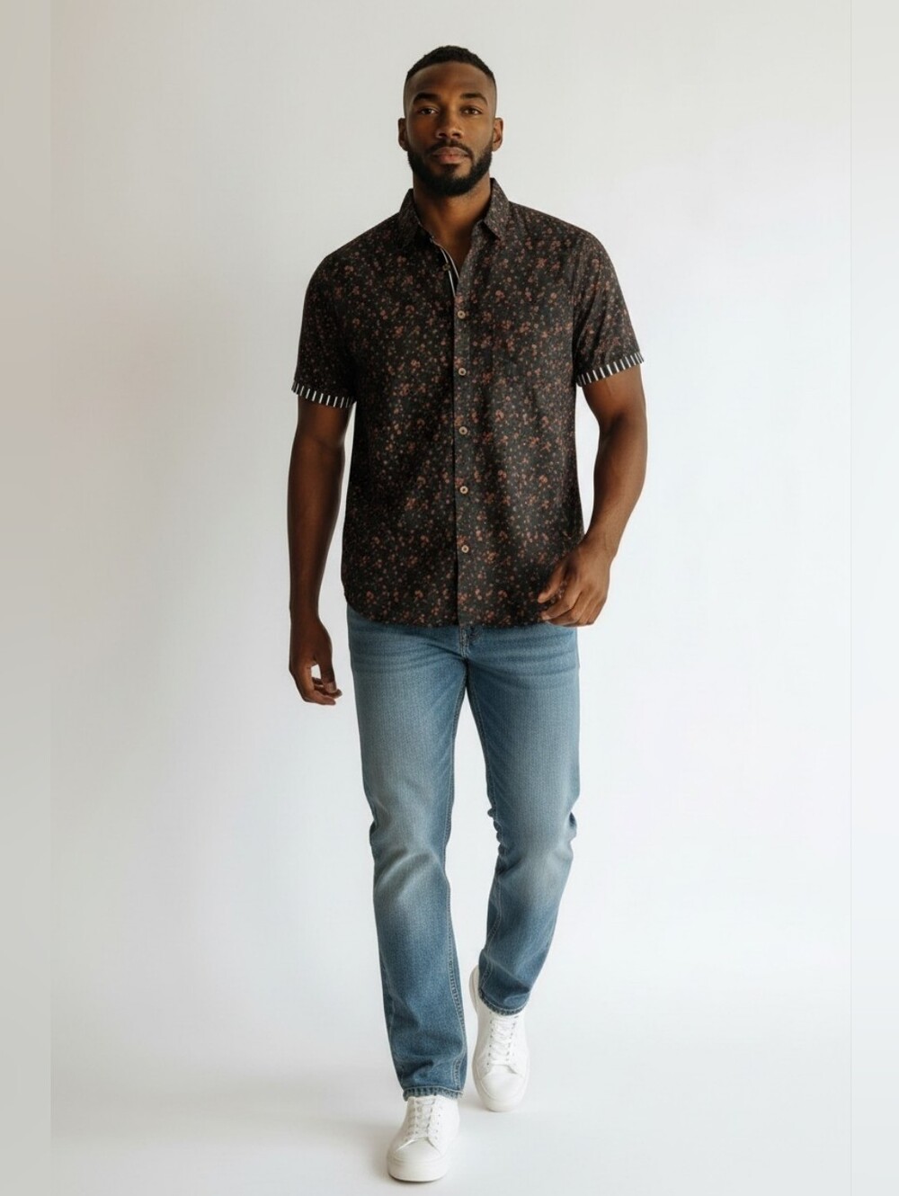 Eighth Avenue Black Short-Sleeve Button-Down Shirt with Red Floral Print